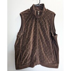 Quacker Factory Women's 2X Velour Brown Rhinestone Vest with Pockets